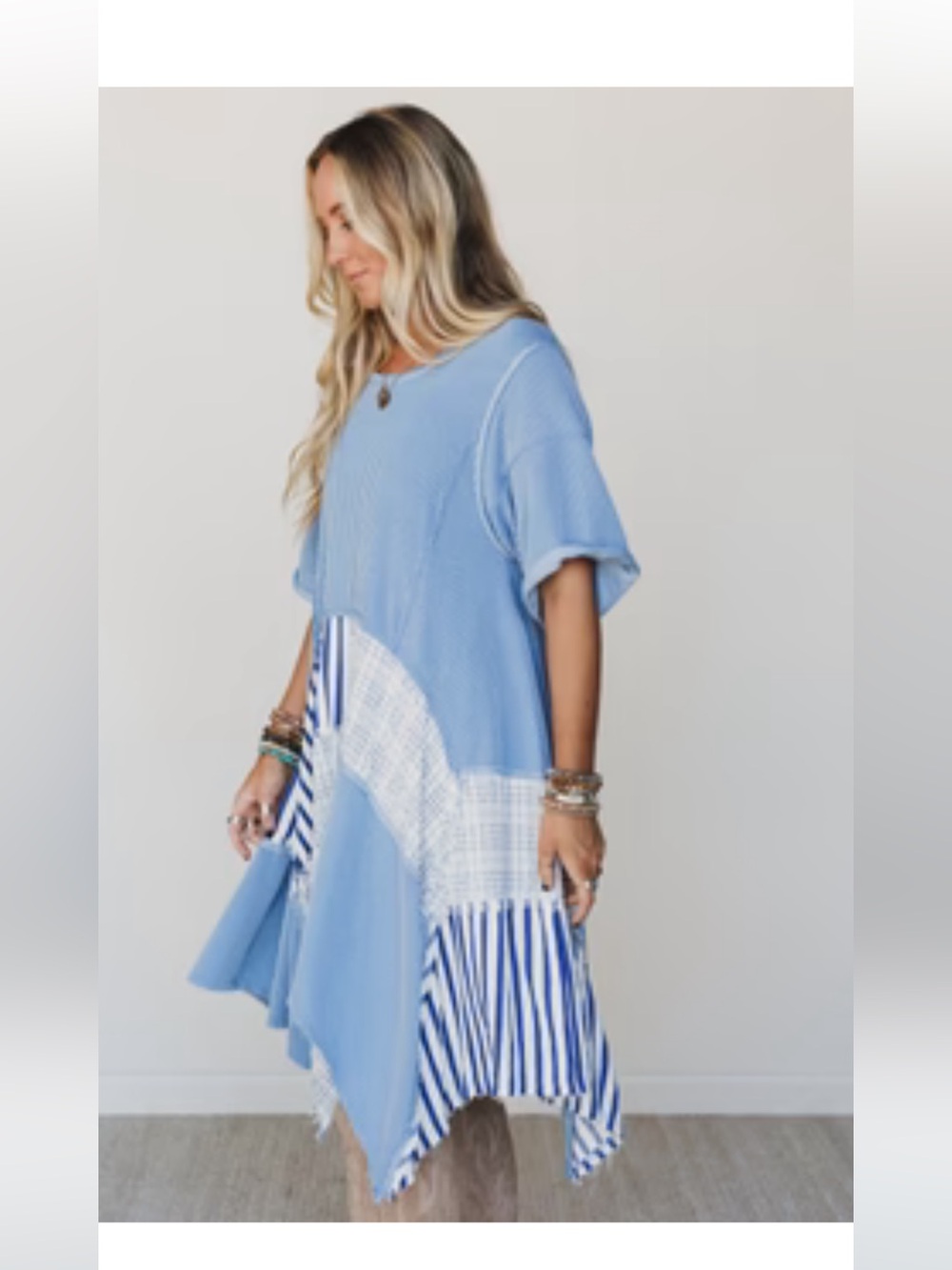 From Three Bird Nest -  Fantastic Fawn Blue Ribbed Patchwork Asymmetrical Dress